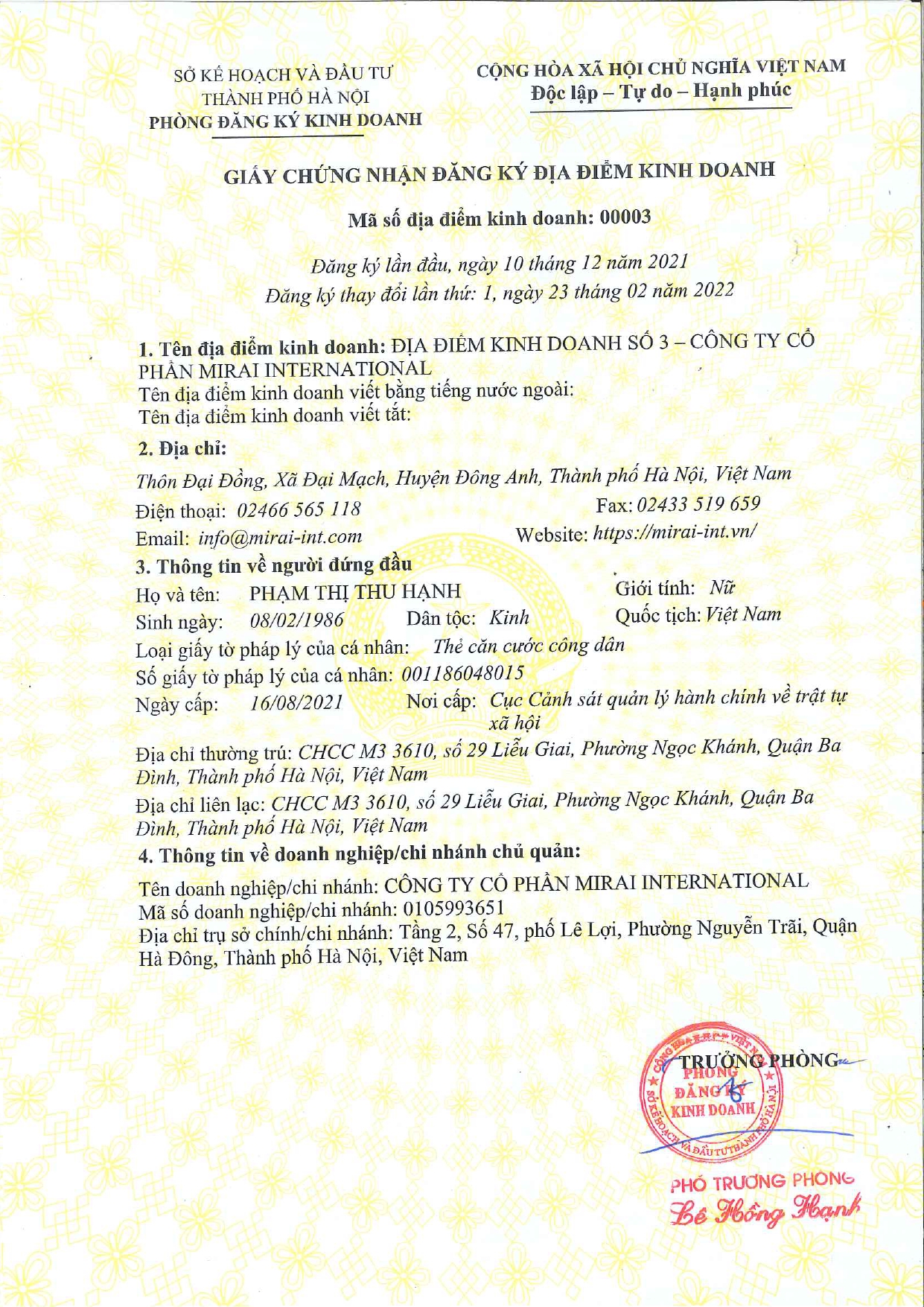 Địa điểm kinh doanh số 0003